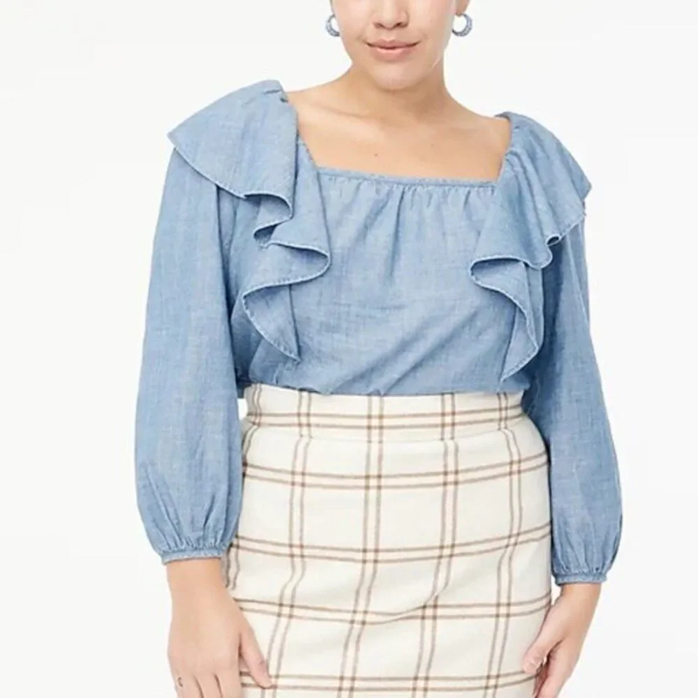 J‎ Crew Women's Squareneck Ruffle Cottton Chambray Top